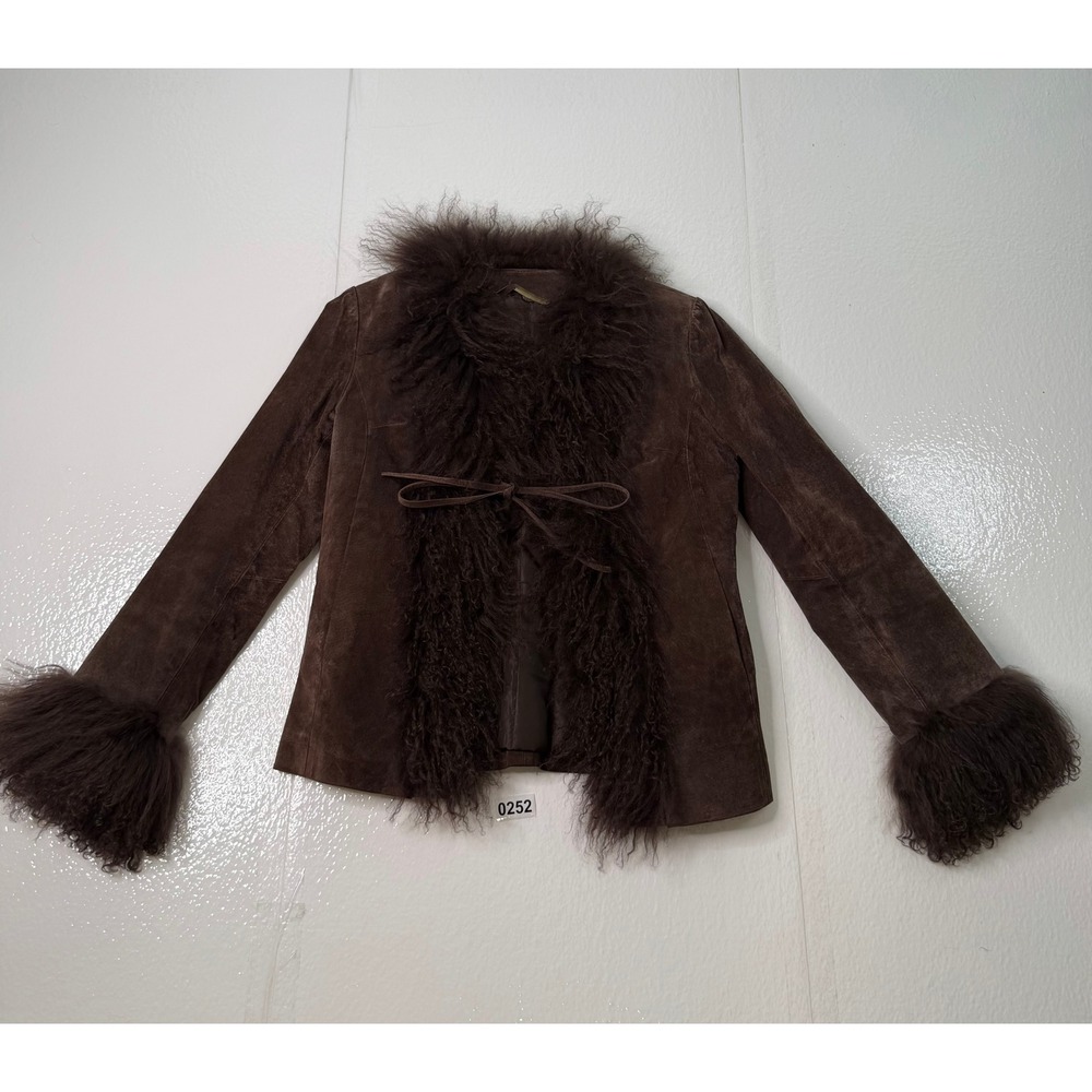 Brandon Thomas Brown Suede Mongolian Lamb Fur Trim Tie Front Jacket Small